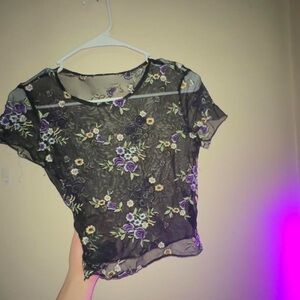 Black mesh top with floral embroidery